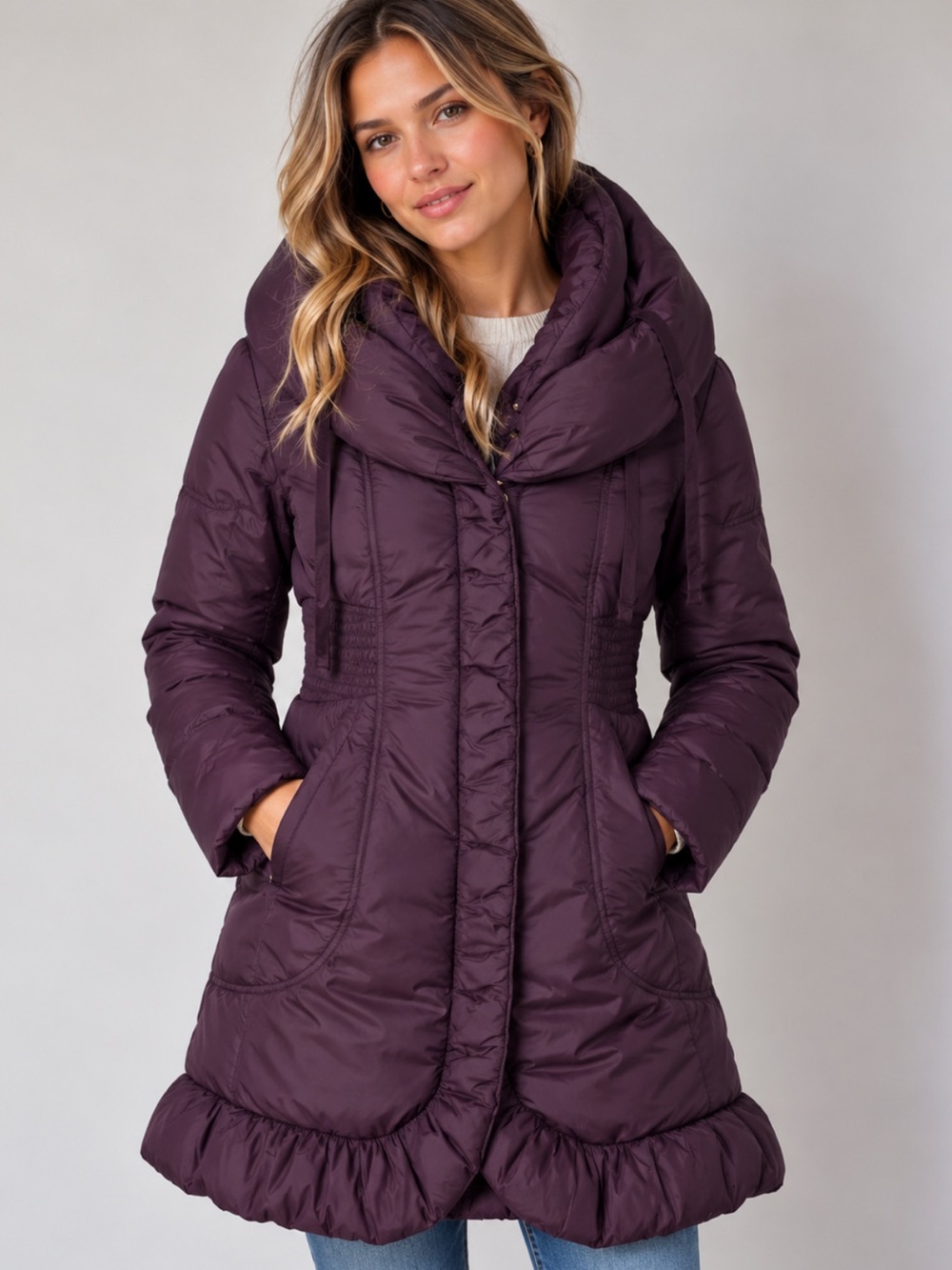 Tahari Purple Ruffle Puffer Jacket XS Hooded Longline Winter Coat Feminine